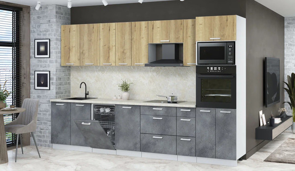 Изображение товара Кухонный гарнитур Интерлиния Мила Лайт 3.2-ПМ3 (дуб золотой/бетон портленд/опал светлый)