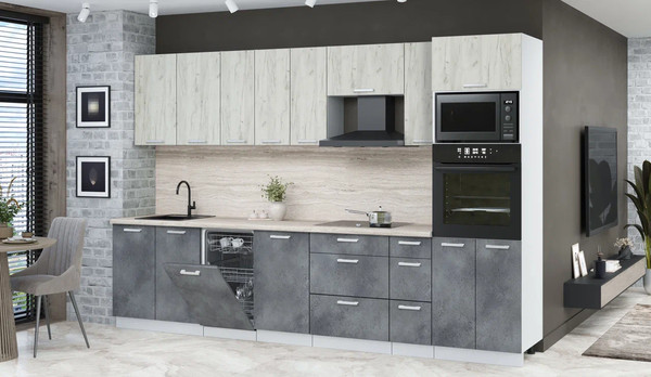 Изображение товара Кухонный гарнитур Интерлиния Мила Лайт 3.2-ПМ3  (дуб белый/бетон портленд/травертни)