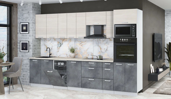 Изображение товара Кухонный гарнитур Интерлиния Мила Лайт 3.2-ПМ3 (вудлайн кремовый/бетон портленд/бискайская сосна)