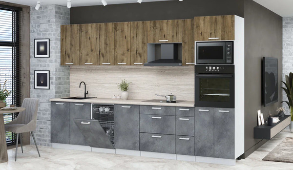 Изображение товара Кухонный гарнитур Интерлиния Мила Лайт 3.2-ПМ3  (дуб веллингтон/бетон портленд/травертин серый)