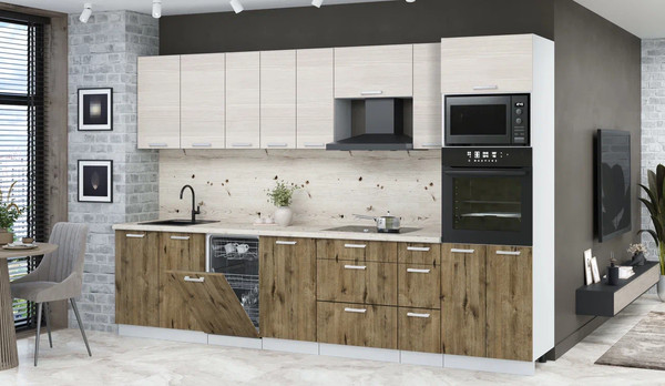 Изображение товара Кухонный гарнитур Интерлиния Мила Лайт 3.2-ПМ3 (вудлайн кремовый/дуб веллингтон/бискайская сосна)