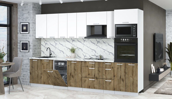 Изображение товара Кухонный гарнитур Интерлиния Мила Лайт 3.2-ПМ3  (белый платинум/дуб веллингтон/белый гранит)