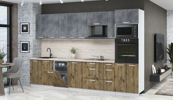 Изображение товара Кухонный гарнитур Интерлиния Мила Лайт 3.2-ПМ3 (бетон портленд/дуб веллингтон/травертин серый)