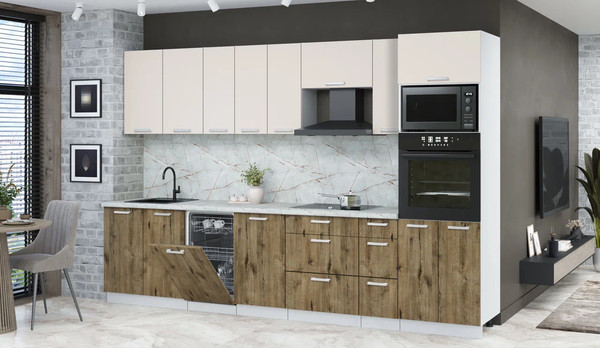 Изображение товара Кухонный гарнитур Интерлиния Мила Лайт 3.2-ПМ3 (персидский жемчуг/дуб веллингтон/серый каспий)