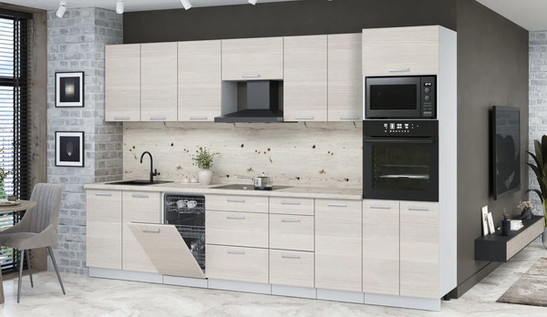 Изображение товара Кухонный гарнитур Интерлиния Мила Лайт 3.25-ПМ3  (вудлайн кремовый/вудлайн кремовый/бискайская сосна)