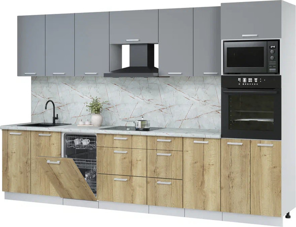 Изображение товара Кухонный гарнитур Интерлиния Мила Лайт 3.25-ПМ3 (серебро/дуб золотой/серый каспий)