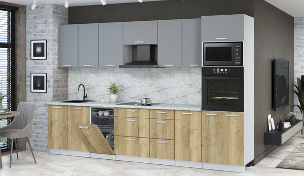 Изображение товара Кухонный гарнитур Интерлиния Мила Лайт 3.25-ПМ3 (серебро/дуб золотой/серый каспий)