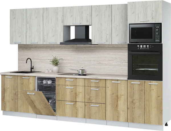 Изображение товара Кухонный гарнитур Интерлиния Мила Лайт 3.25-ПМ3 (дуб белый/дуб золотой/травертин серый)