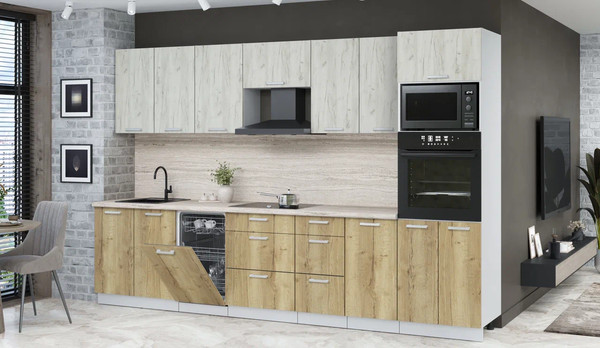 Изображение товара Кухонный гарнитур Интерлиния Мила Лайт 3.25-ПМ3 (дуб белый/дуб золотой/травертин серый)