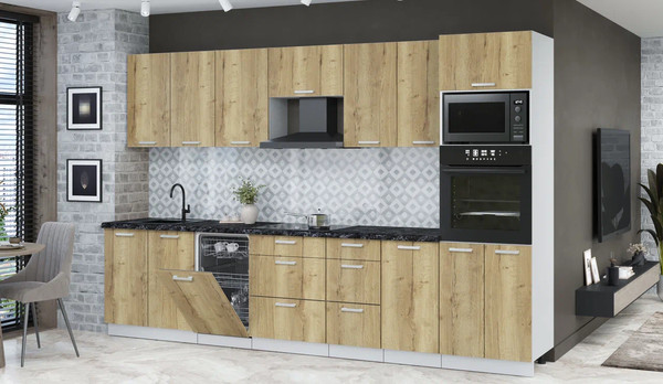 Изображение товара Кухонный гарнитур Интерлиния Мила Лайт 3.25-ПМ3 (дуб золотой/дуб золотой/кастилло темный)