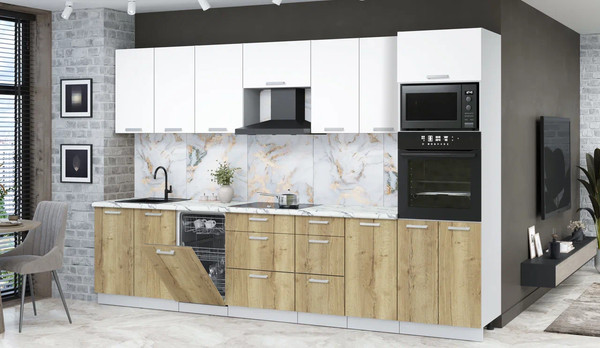 Изображение товара Кухонный гарнитур Интерлиния Мила Лайт 3.25-ПМ3  (белый платинум/дуб золотой/белый гранит)