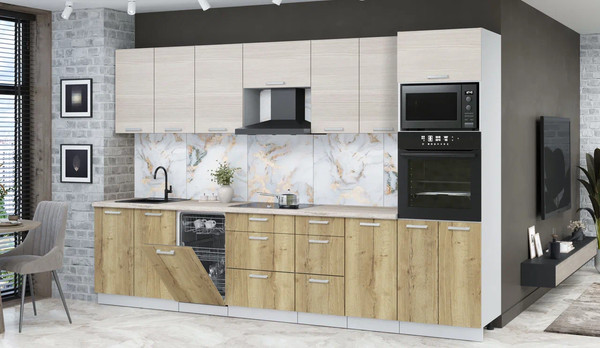 Изображение товара Кухонный гарнитур Интерлиния Мила Лайт 3.25-ПМ3 ( вудлайн кремовый/дуб золотой/травертин серый)