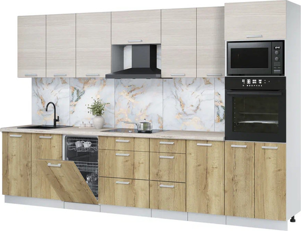 Изображение товара Кухонный гарнитур Интерлиния Мила Лайт 3.25-ПМ3 ( вудлайн кремовый/дуб золотой/травертин серый)