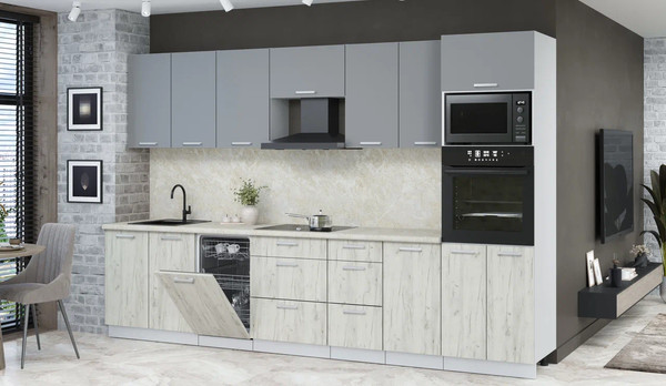 Изображение товара Кухонный гарнитур Интерлиния Мила Лайт 3.25-ПМ3 (серебро/дуб белый/опал светлый)