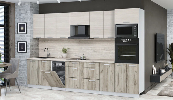 Изображение товара Кухонный гарнитур Интерлиния Мила Лайт 3.25-ПМ3 (вудлайн кремовый/дуб серый/травертин серый)