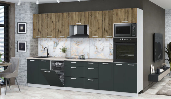 Изображение товара Кухонный гарнитур Интерлиния Мила Лайт 3.25-ПМ3 (дуб веллингтон/антрацит/травертин серый)