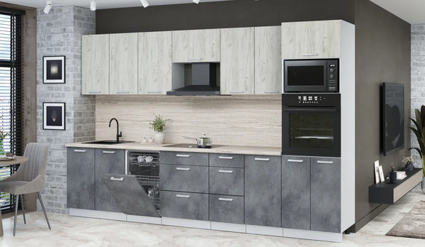 Изображение товара Кухонный гарнитур Интерлиния Мила Лайт 3.25-ПМ3 (дуб белый/бетон портленд/травертни)