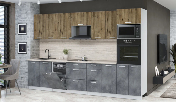 Изображение товара Кухонный гарнитур Интерлиния Мила Лайт 3.25-ПМ3 (дуб веллингтон/бетон портленд/травертин серый)