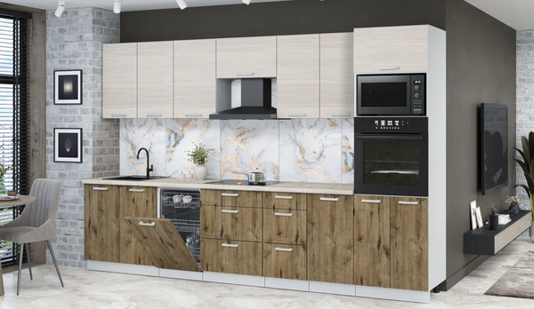 Изображение товара Кухонный гарнитур Интерлиния Мила Лайт 3.25-ПМ3 (вудлайн кремовый/дуб веллингтон/бискайская сосна)