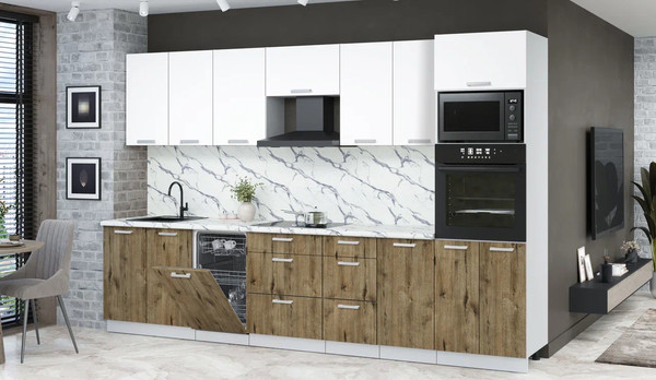 Изображение товара Кухонный гарнитур Интерлиния Мила Лайт 3.25-ПМ3 (белый платинум/дуб веллингтон/белый гранит)