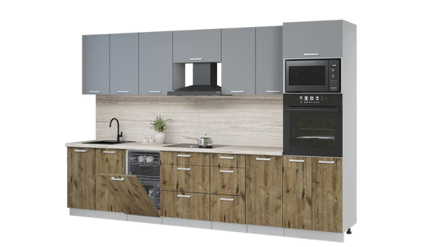 Изображение товара Кухонный гарнитур Интерлиния Мила Лайт 3.25-ПМ3 (серебро/дуб веллингтон/травертин серый)