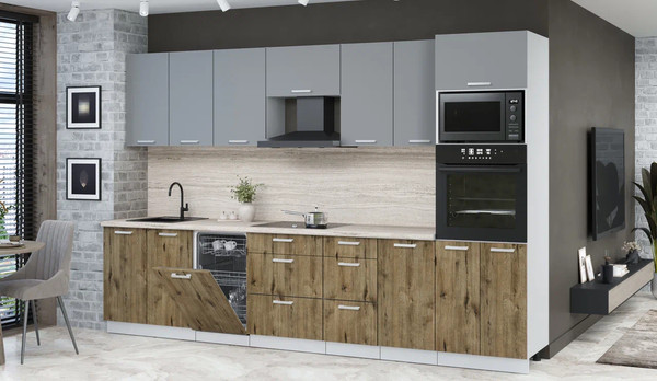 Изображение товара Кухонный гарнитур Интерлиния Мила Лайт 3.25-ПМ3 (серебро/дуб веллингтон/травертин серый)