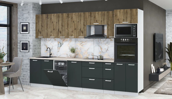 Изображение товара Кухонный гарнитур Интерлиния Мила Лайт 3.2-ПМ3 (дуб веллингтон/антрацит/травертин серый)