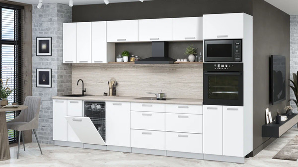 Изображение товара Кухонный гарнитур Интерлиния Мила Лайт 3.3-ПМ3 (белый платинум/белый платинум/травертин серый)