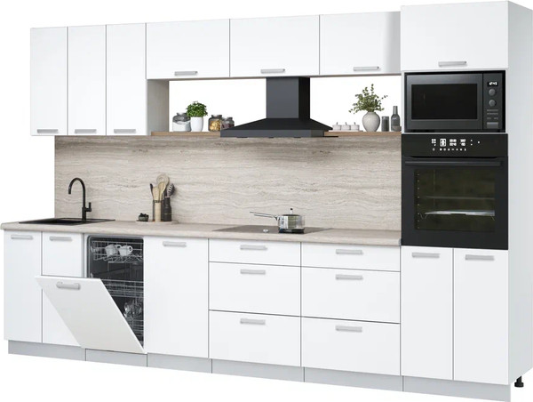 Изображение товара Кухонный гарнитур Интерлиния Мила Лайт 3.3-ПМ3 (белый платинум/белый платинум/травертин серый)