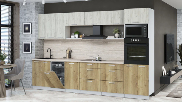 Изображение товара Кухонный гарнитур Интерлиния Мила Лайт 3.3-ПМ3  (дуб белый/дуб золотой/травертин серый)