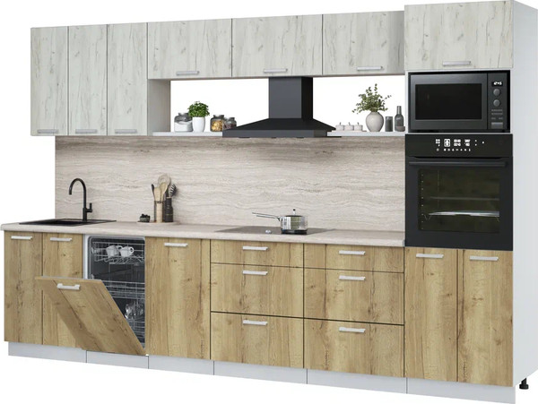 Изображение товара Кухонный гарнитур Интерлиния Мила Лайт 3.3-ПМ3  (дуб белый/дуб золотой/травертин серый)