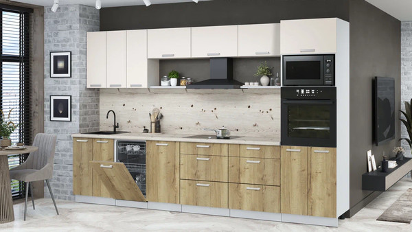 Изображение товара Кухонный гарнитур Интерлиния Мила Лайт 3.3-ПМ3  (персидский жемчуг/дуб золотой/бискайская сосна)