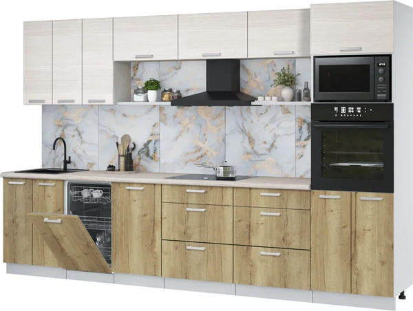 Изображение товара Кухонный гарнитур Интерлиния Мила Лайт 3.3-ПМ3  (вудлайн кремовый/дуб золотой/травертин серый)