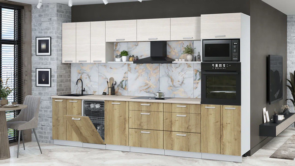 Изображение товара Кухонный гарнитур Интерлиния Мила Лайт 3.3-ПМ3  (вудлайн кремовый/дуб золотой/травертин серый)