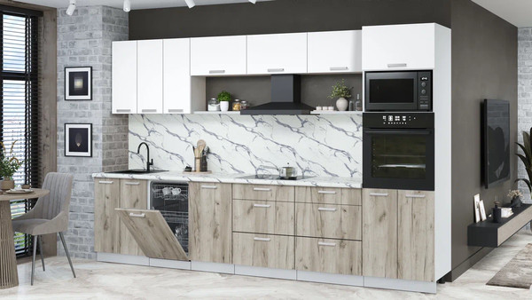 Изображение товара Кухонный гарнитур Интерлиния Мила Лайт 3.3-ПМ3  (белый платинум/дуб серый/белый гранит)