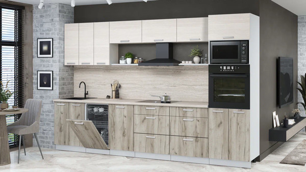 Изображение товара Кухонный гарнитур Интерлиния Мила Лайт 3.3-ПМ3  (вудлайн кремовый/дуб серый/травертин серый)