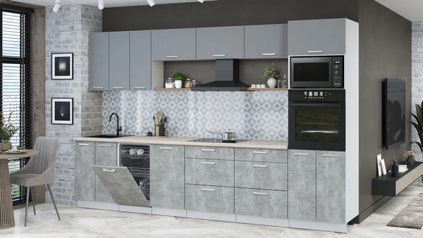 Изображение товара Кухонный гарнитур Интерлиния Мила Лайт 3.3-ПМ3  (серебро/бетон/травертин серый)