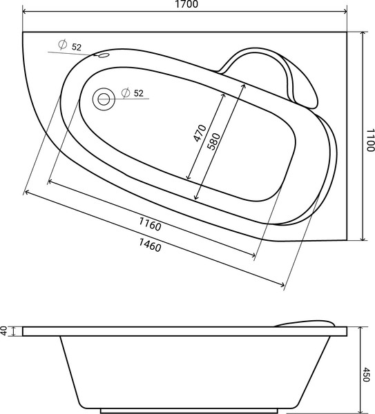 Изображение товара Ванна акриловая Lauter Valencia 170x110 / 2102170R (с ножками, лицевым экраном и сифоном 21Y32001 матовый черный)