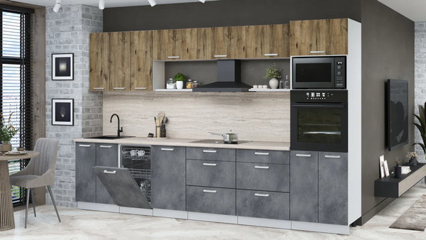 Изображение товара Кухонный гарнитур Интерлиния Мила Лайт 3.3-ПМ3 (дуб веллингтон/бетон портленд/травертин серый)