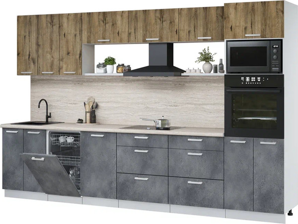 Изображение товара Кухонный гарнитур Интерлиния Мила Лайт 3.3-ПМ3 (дуб веллингтон/бетон портленд/травертин серый)