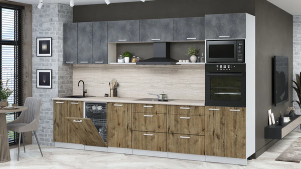 Изображение товара Кухонный гарнитур Интерлиния Мила Лайт 3.3-ПМ3 (бетон портленд/дуб веллингтон/травертин серый)