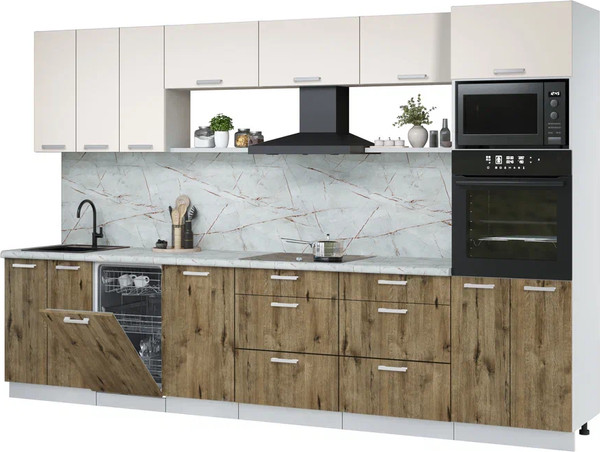 Изображение товара Кухонный гарнитур Интерлиния Мила Лайт 3.3-ПМ3 (персидский жемчуг/дуб веллингтон/серый каспий)