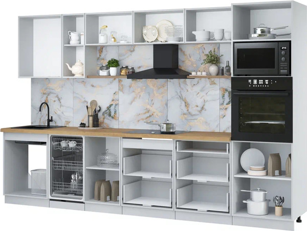 Изображение товара Кухонный гарнитур Интерлиния Мила Лайт 3.3-ПМ3 (белый платинум/белый платинум/кастилло темный)