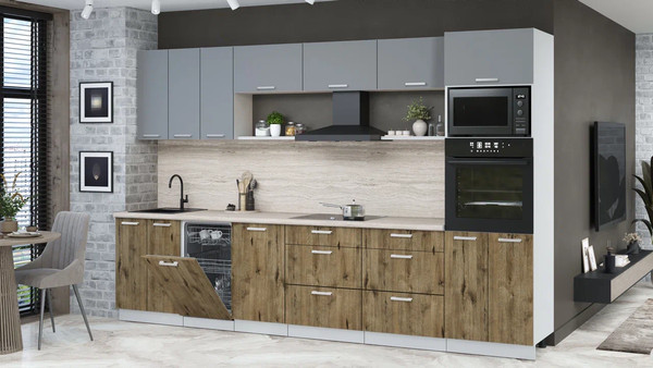 Изображение товара Кухонный гарнитур Интерлиния Мила Лайт 3.3-ПМ3 (серебро/дуб веллингтон/травертин серый)