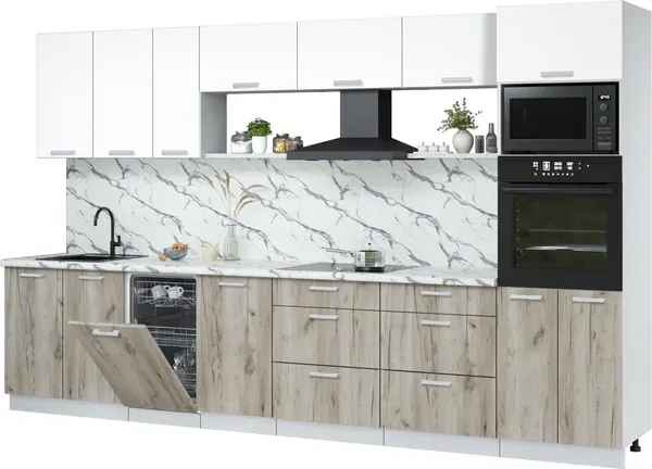 Изображение товара Кухонный гарнитур Interline Мила Лайт 3.5-ПМ3 (белый платинум/дуб серый/белый гранит)