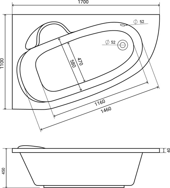 Изображение товара Ванна акриловая Lauter Valencia 170x110 / 2102170L (с ножками, лицевым экраном и сифоном 21Y32000 хром)