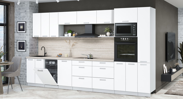 Изображение товара Кухонный гарнитур Интерлиния Мила Лайт 3.6-ПМ3 (белый платинум/белый платинум/травертин серый)