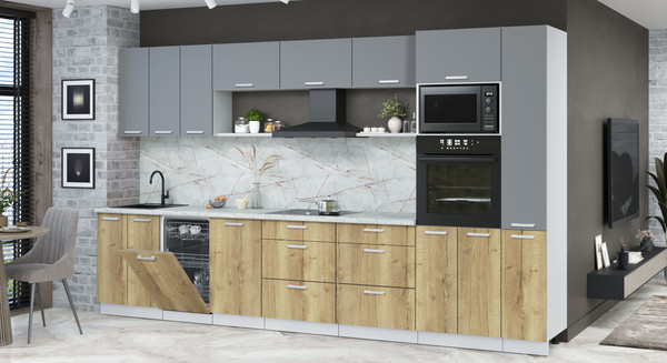 Изображение товара Кухонный гарнитур Интерлиния Мила Лайт 3.6-ПМ3  (серебро/дуб золотой/серый каспий)