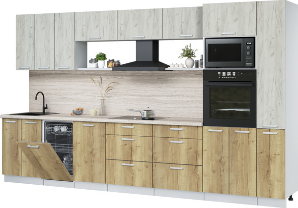 Изображение товара Кухонный гарнитур Интерлиния Мила Лайт 3.6-ПМ3  (дуб белый/дуб золотой/травертин серый)