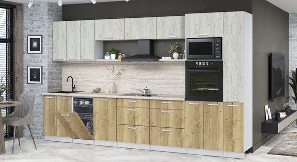 Изображение товара Кухонный гарнитур Интерлиния Мила Лайт 3.6-ПМ3  (дуб белый/дуб золотой/травертин серый)